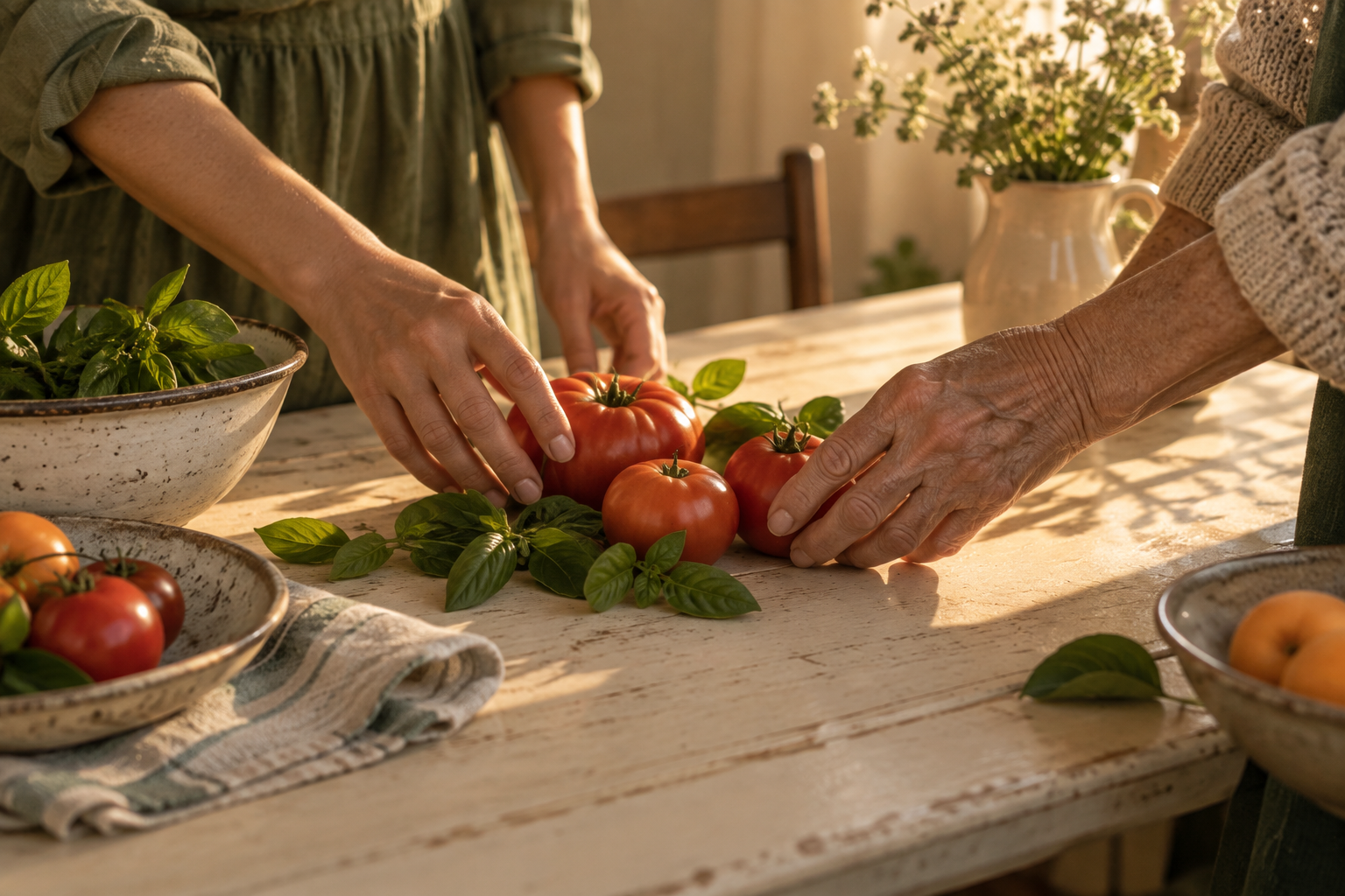Two generations gathering ripe tomatoes together in a sunlit kitchen.